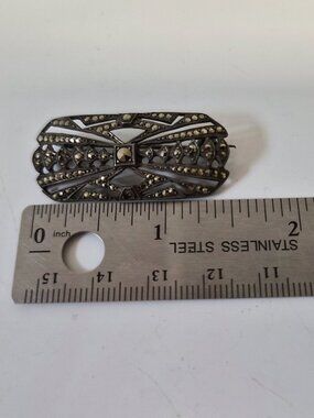Vintage Silver Marcasite Rectangular Brooch Art Deco Revival Pin Mid-Century